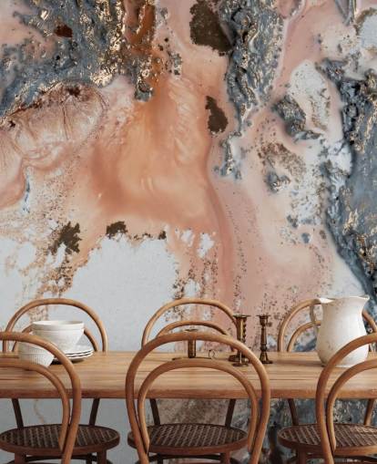 vaaleanpunainen, harmaa ja kultainen mukautettu abstrakti seinämaalaus nimeltä Unearthing, kirjoittanut Petra Meikle de Vlas makuuhuoneisiin ja olohuoneisiin