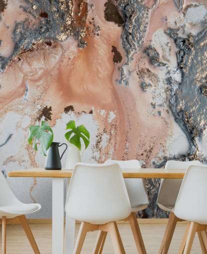 murale astratto personalizzato rosa, grigio e oro chiamato Unearthing di Petra Meikle de Vlas per camere da letto e salotti