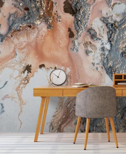 murale astratto personalizzato rosa, grigio e oro chiamato Unearthing di Petra Meikle de Vlas per camere da letto e salotti