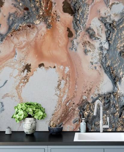 pink, grey and gold custom abstract wall mural called Unearthing by Petra Meikle de Vlas for bedrooms and living rooms