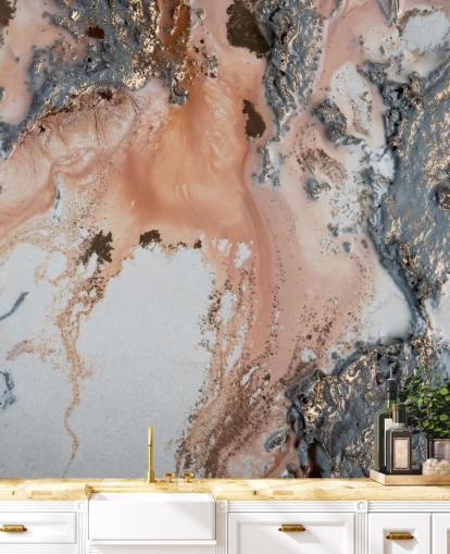 murale astratto personalizzato rosa, grigio e oro chiamato Unearthing di Petra Meikle de Vlas per camere da letto e salotti