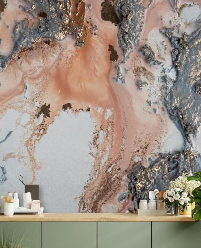 murale astratto personalizzato rosa, grigio e oro chiamato Unearthing di Petra Meikle de Vlas per camere da letto e salotti