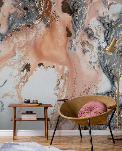 mural de parede abstrato personalizado rosa, cinza e dourado chamado Unearthing de Petra Meikle de Vlas para quartos e salas de estar