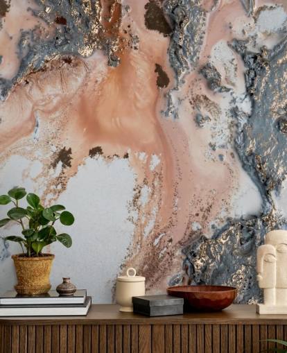 mural de parede abstrato personalizado rosa, cinza e dourado chamado Unearthing de Petra Meikle de Vlas para quartos e salas de estar