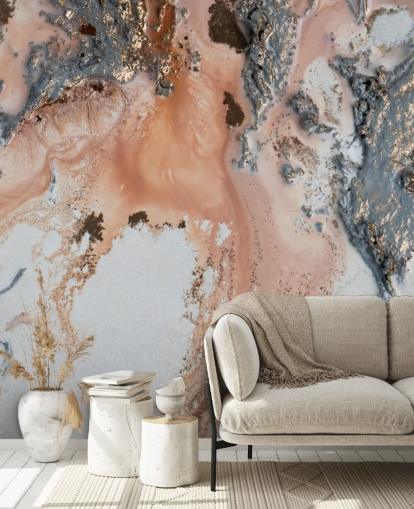 murale astratto personalizzato rosa, grigio e oro chiamato Unearthing di Petra Meikle de Vlas per camere da letto e salotti