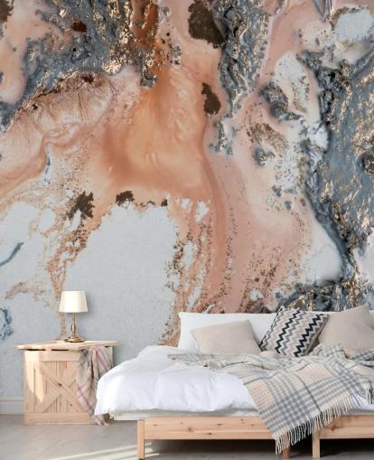 mural de parede abstrato personalizado rosa, cinza e dourado chamado Unearthing de Petra Meikle de Vlas para quartos e salas de estar