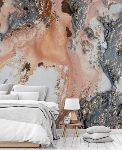 mural de pared abstracto personalizado rosa, gris y dorado llamado Unearthing de Petra Meikle de Vlas para dormitorios y salas de estar