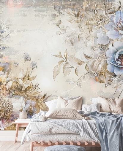 blå anpassad blommig tapetväggmålning kallad Distressed Blue Florals av Rafal Kulik för sovrum och lounger blå anpassad blommig tapetväggmålning kallad Distressed Blue Florals av Rafal Kulik för sovrum och lounger