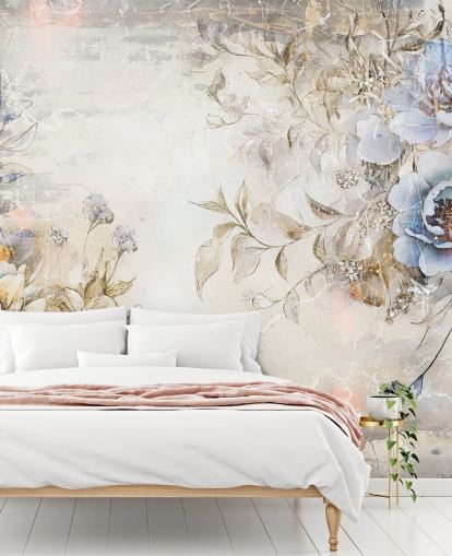 blaues, individuelles Blumentapeten-Wandbild namens Distressed Blue Florals von Rafal Kulik für Schlafzimmer und Lounges blaues, individuelles Blumentapeten-Wandbild namens Distressed Blue Florals von Rafal Kulik für Schlafzimmer und Lounges