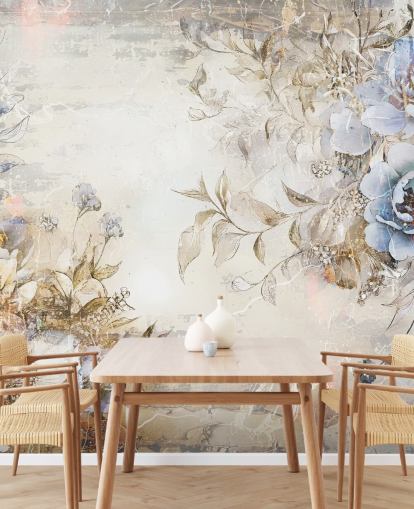 blå brugerdefineret blomstertapet vægmaleri kaldet Distressed Blue Florals af Rafal Kulik til soveværelser og lounger