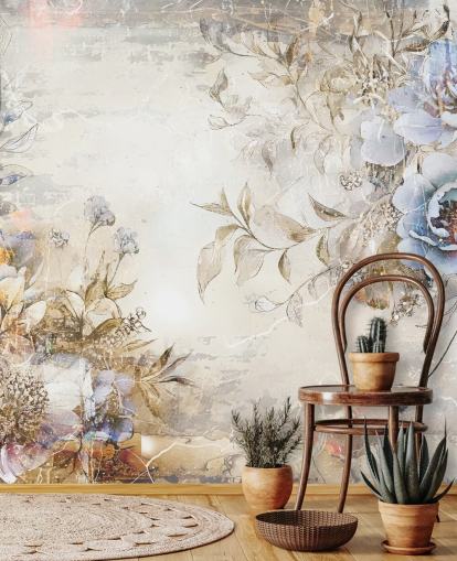 sininen mukautettu kukka-taustakuvamaalaus nimeltä Distressed Blue Florals, kirjoittanut Rafal Kulik makuuhuoneisiin ja oleskelutiloihin