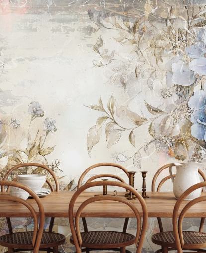 blått tilpasset blomstertapet veggmaleri kalt Distressed Blue Florals av Rafal Kulik for soverom og salonger