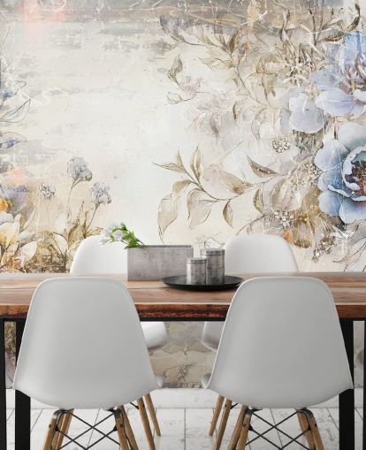 blaues, individuelles Blumentapeten-Wandbild namens Distressed Blue Florals von Rafal Kulik für Schlafzimmer und Lounges