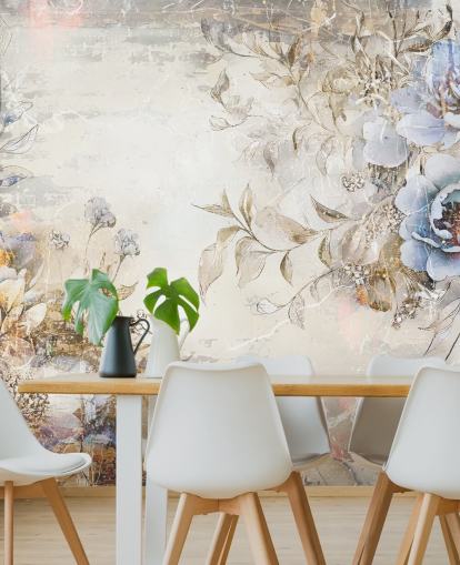 blått tilpasset blomstertapet veggmaleri kalt Distressed Blue Florals av Rafal Kulik for soverom og salonger