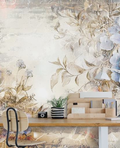 blå anpassad blommig tapetväggmålning kallad Distressed Blue Florals av Rafal Kulik för sovrum och lounger