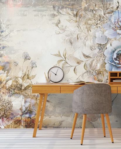 carta da parati floreale personalizzata blu chiamata Distressed Blue Florals di Rafal Kulik per camere da letto e salotti carta da parati floreale personalizzata blu chiamata Distressed Blue Florals di Rafal Kulik per camere da letto e salotti