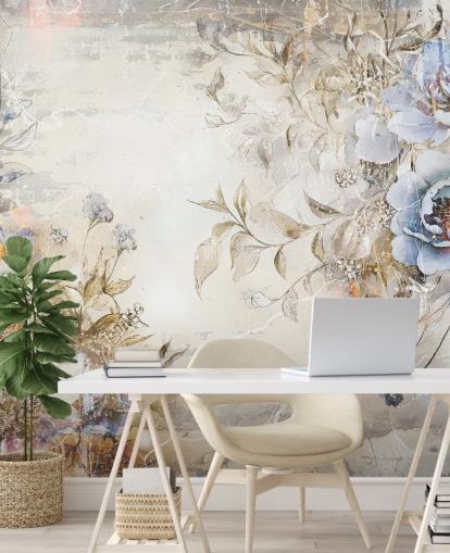 blå anpassad blommig tapetväggmålning kallad Distressed Blue Florals av Rafal Kulik för sovrum och lounger blå anpassad blommig tapetväggmålning kallad Distressed Blue Florals av Rafal Kulik för sovrum och lounger