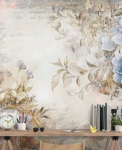 blauwe op maat gemaakte bloemenbehangmuurschildering genaamd Distressed Blue Florals van Rafal Kulik voor slaapkamers en lounges
