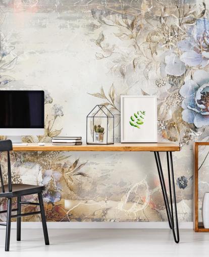 blå brugerdefineret blomstertapet vægmaleri kaldet Distressed Blue Florals af Rafal Kulik til soveværelser og lounger blå brugerdefineret blomstertapet vægmaleri kaldet Distressed Blue Florals af Rafal Kulik til soveværelser og lounger