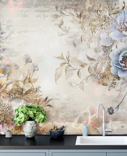 mural de papel pintado floral personalizado azul llamado Distressed Blue Florals de Rafal Kulik para dormitorios y salones mural de papel pintado floral personalizado azul llamado Distressed Blue Florals de Rafal Kulik para dormitorios y salones