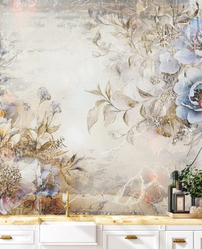 blaues, individuelles Blumentapeten-Wandbild namens Distressed Blue Florals von Rafal Kulik für Schlafzimmer und Lounges