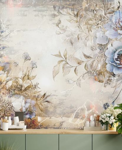 blauwe op maat gemaakte bloemenbehangmuurschildering genaamd Distressed Blue Florals van Rafal Kulik voor slaapkamers en lounges