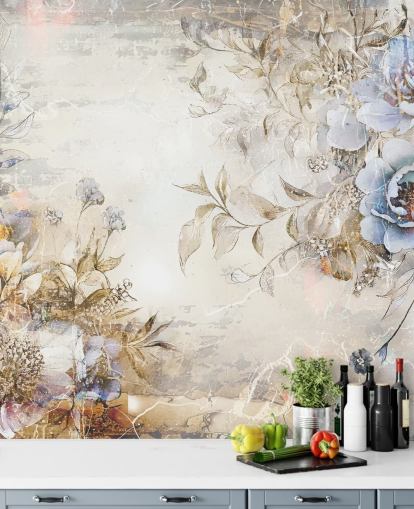 papier peint floral personnalisé bleu appelé Distressed Blue Florals par Rafal Kulik pour les chambres et les salons