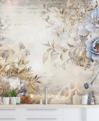 blue custom floral wallpaper mural called Distressed Blue Florals by Rafal Kulik for bedrooms and lounges