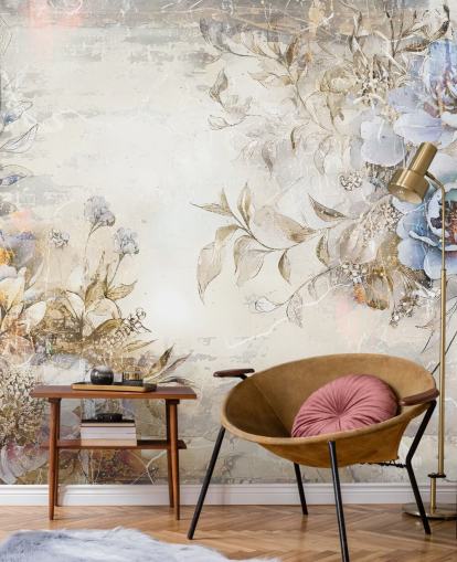 carta da parati floreale personalizzata blu chiamata Distressed Blue Florals di Rafal Kulik per camere da letto e salotti