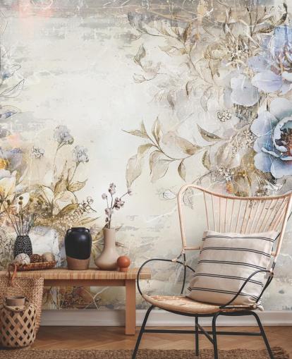 mural de papel de parede floral personalizado azul chamado Distressed Blue Florals de Rafal Kulik para quartos e salões