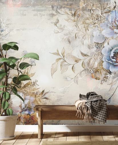 blå anpassad blommig tapetväggmålning kallad Distressed Blue Florals av Rafal Kulik för sovrum och lounger