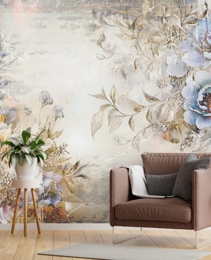 blå anpassad blommig tapetväggmålning kallad Distressed Blue Florals av Rafal Kulik för sovrum och lounger