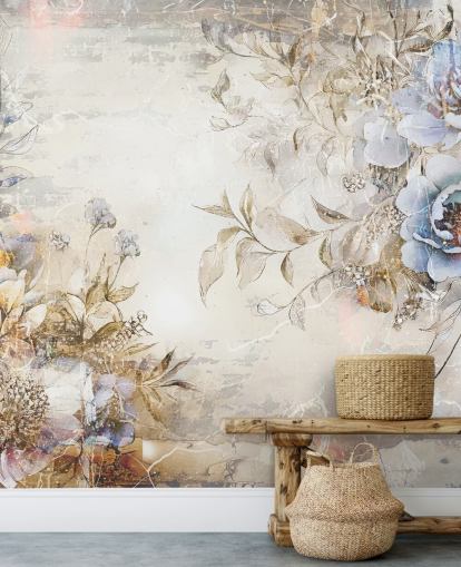 blauwe op maat gemaakte bloemenbehangmuurschildering genaamd Distressed Blue Florals van Rafal Kulik voor slaapkamers en lounges
