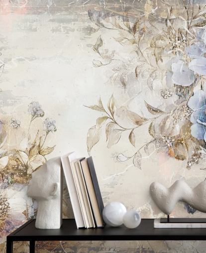 mural de papel pintado floral personalizado azul llamado Distressed Blue Florals de Rafal Kulik para dormitorios y salones