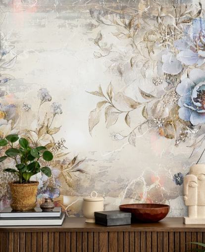 blått tilpasset blomstertapet veggmaleri kalt Distressed Blue Florals av Rafal Kulik for soverom og salonger blått tilpasset blomstertapet veggmaleri kalt Distressed Blue Florals av Rafal Kulik for soverom og salonger