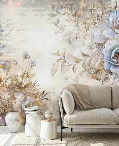 sininen mukautettu kukka-taustakuvamaalaus nimeltä Distressed Blue Florals, kirjoittanut Rafal Kulik makuuhuoneisiin ja oleskelutiloihin sininen mukautettu kukka-taustakuvamaalaus nimeltä Distressed Blue Florals, kirjoittanut Rafal Kulik makuuhuoneisiin ja oleskelutiloihin