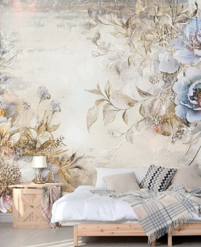 sininen mukautettu kukka-taustakuvamaalaus nimeltä Distressed Blue Florals, kirjoittanut Rafal Kulik makuuhuoneisiin ja oleskelutiloihin