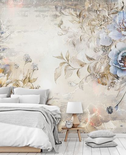 blaues, individuelles Blumentapeten-Wandbild namens Distressed Blue Florals von Rafal Kulik für Schlafzimmer und Lounges blaues, individuelles Blumentapeten-Wandbild namens Distressed Blue Florals von Rafal Kulik für Schlafzimmer und Lounges