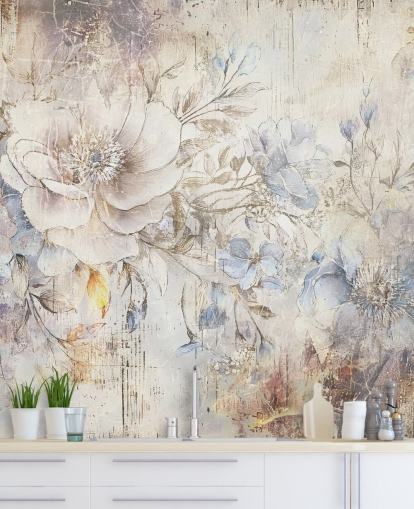 mural de pared floral personalizado brillante llamado Distressed Bright Florals de Rafal Kulik