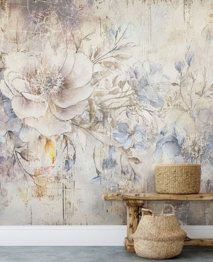 heldere op maat gemaakte bloemenmuurschildering genaamd Distressed Bright Florals van Rafal Kulik heldere op maat gemaakte bloemenmuurschildering genaamd Distressed Bright Florals van Rafal Kulik