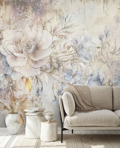 lyst brugerdefineret blomstervægmaleri kaldet Distressed Bright Florals af Rafal Kulik