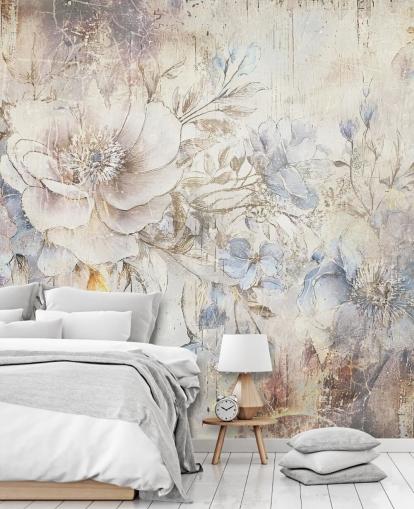 heldere op maat gemaakte bloemenmuurschildering genaamd Distressed Bright Florals van Rafal Kulik heldere op maat gemaakte bloemenmuurschildering genaamd Distressed Bright Florals van Rafal Kulik