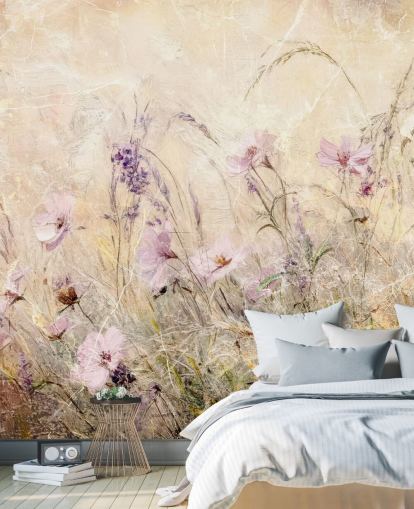 fresque murale de prairie personnalisée jaune et violette appelée Distressed Floral Meadow II par Rafal Kulik