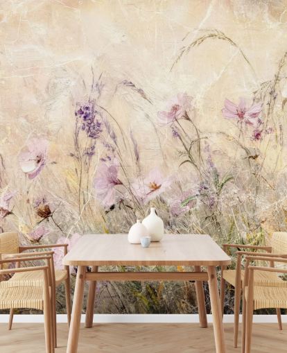 gul og lilla tilpasset engveggmaleri kalt Distressed Floral Meadow II av Rafal Kulik