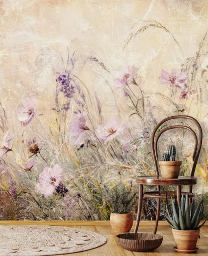 gul og lilla tilpasset engveggmaleri kalt Distressed Floral Meadow II av Rafal Kulik