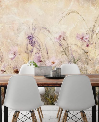 gul og lilla brugerdefineret eng vægmaleri kaldet Distressed Floral Meadow II af Rafal Kulik