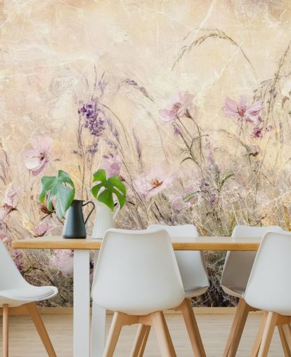 gul og lilla tilpasset engveggmaleri kalt Distressed Floral Meadow II av Rafal Kulik gul og lilla tilpasset engveggmaleri kalt Distressed Floral Meadow II av Rafal Kulik