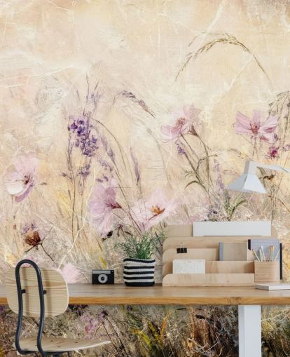 gelbes und lila individuelles Wiesenwandbild namens Distressed Floral Meadow II von Rafal Kulik