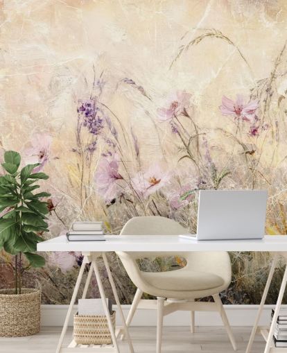 yellow and purple custom meadow wall mural called Distressed Floral Meadow II by Rafal Kulik