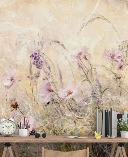 keltainen ja violetti mukautettu niittyseinämaalaus nimeltä Distressed Floral Meadow II, kirjoittanut Rafal Kulik keltainen ja violetti mukautettu niittyseinämaalaus nimeltä Distressed Floral Meadow II, kirjoittanut Rafal Kulik